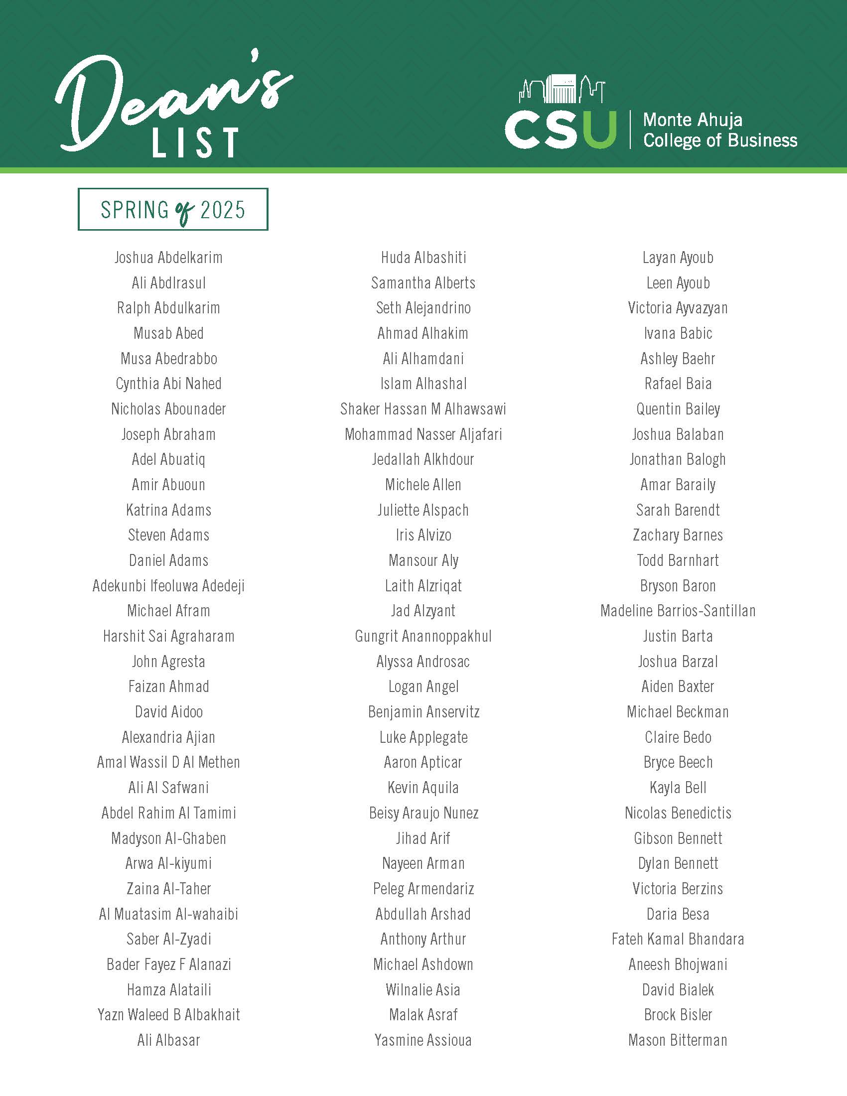 Dean's List Spring 2025