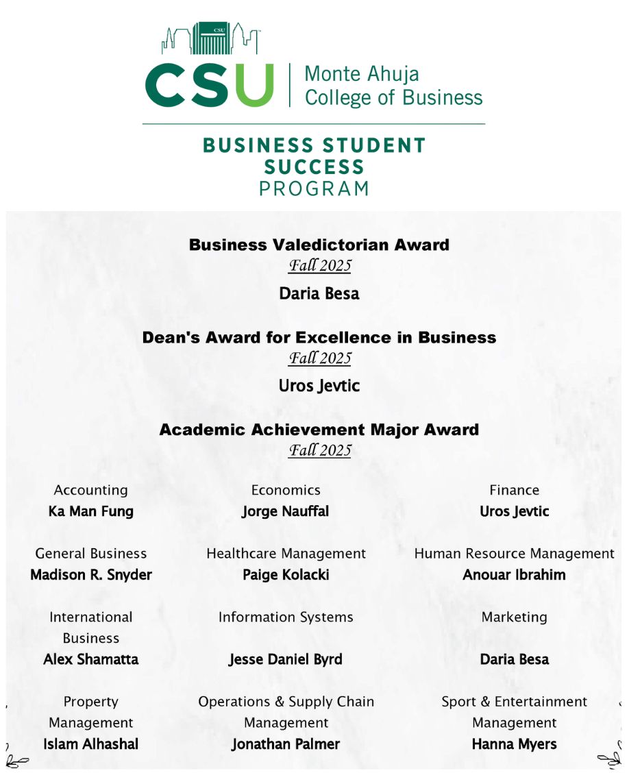 Fall 2025 Business Student Success Award Recipients 