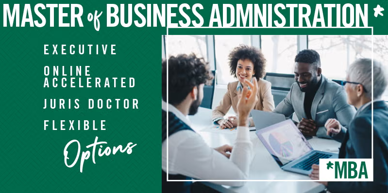 Students reviewing business document MBA graphic