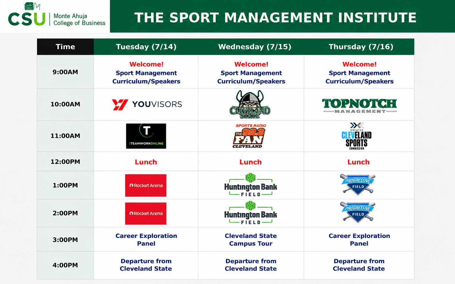 Schedule for the 2026 Summer Sports Management Program