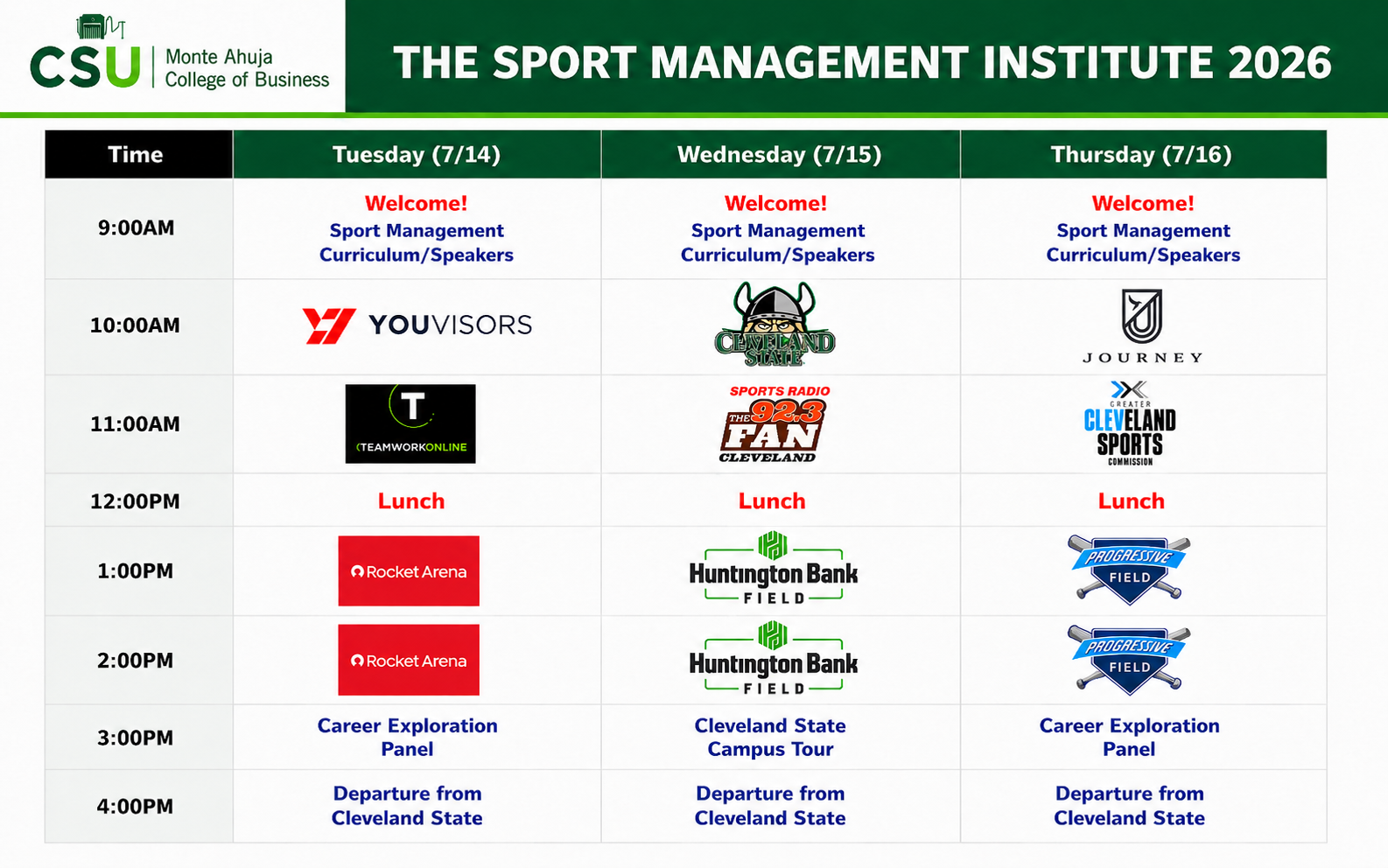 schedule for Summer Sports Management Institute 2026