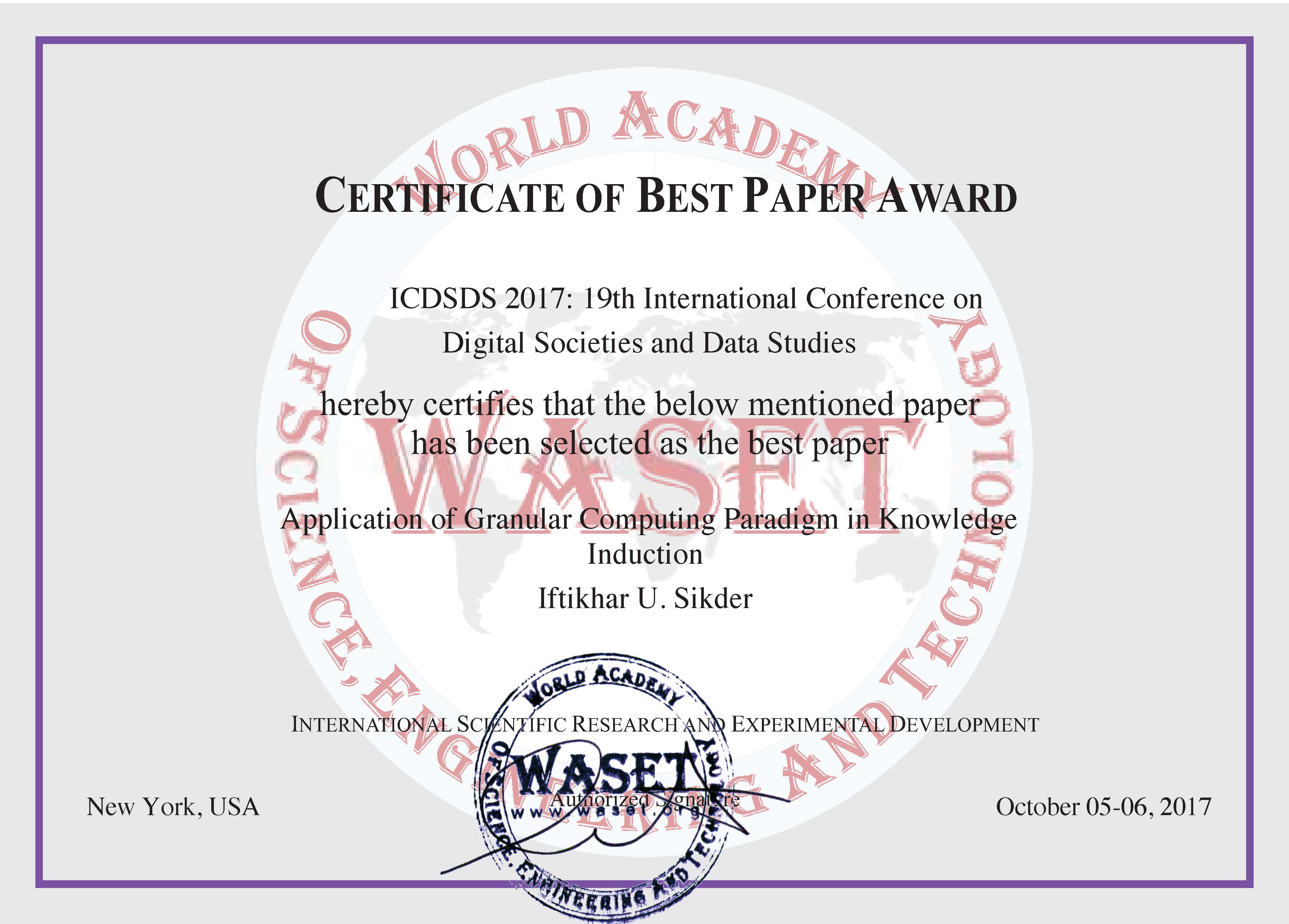 Best Paper Award - Iftikhar Sikder