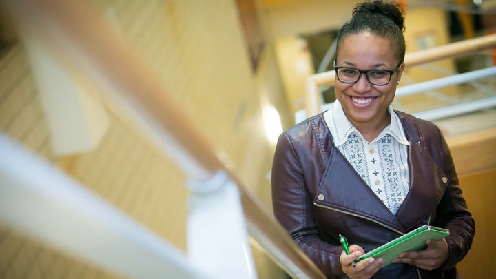 Prospective student walking on steps
